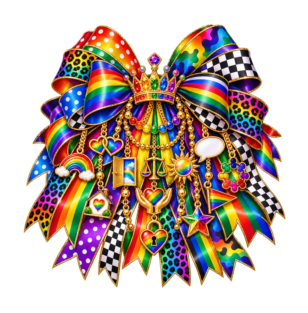 Pride Month Bow Charm PNG, Gold Chain Charms, Transparent Sublimation Design, Digital Download