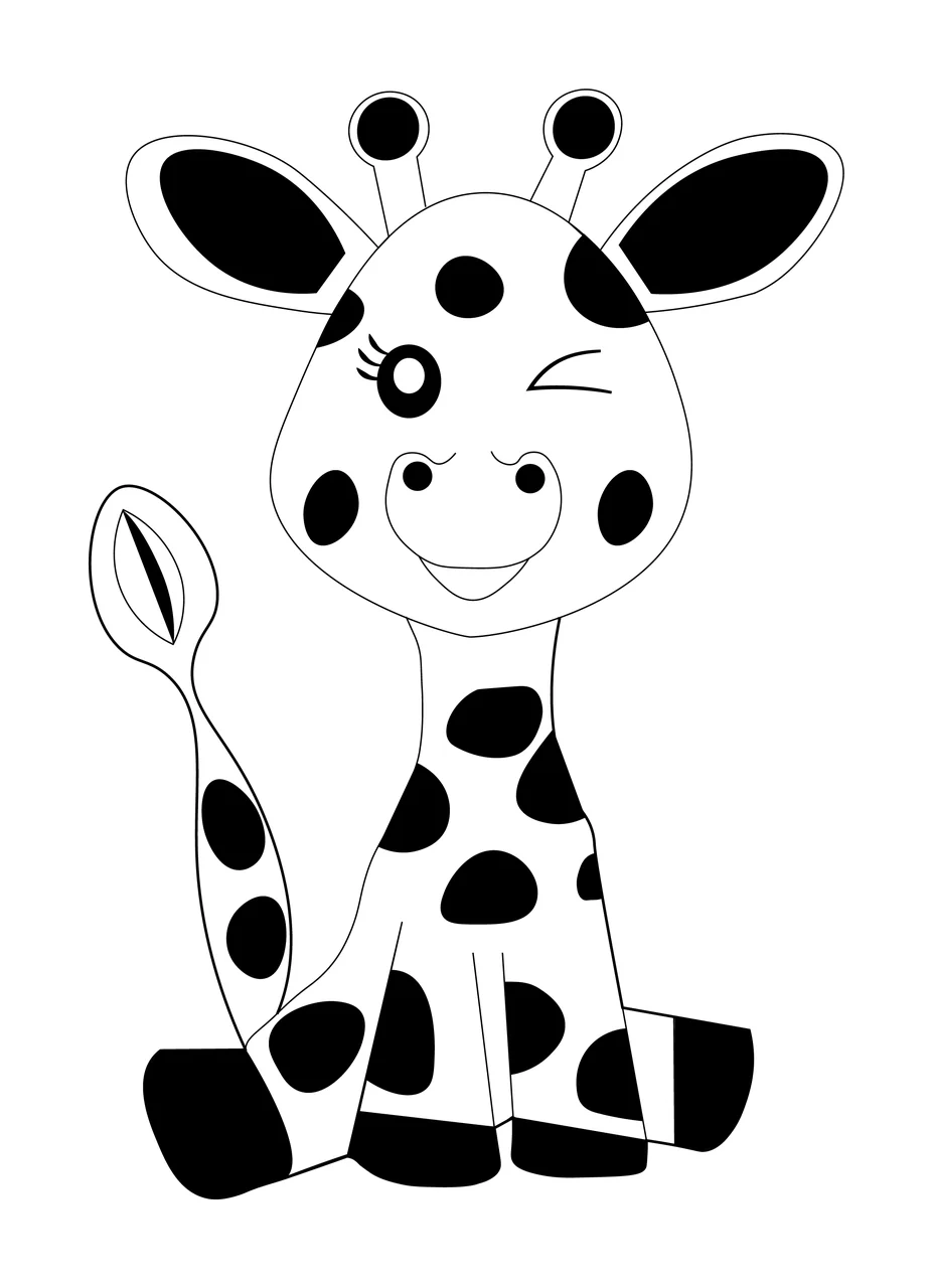 Animal Cute Cartoon Giraffe Sitting Down line art black white