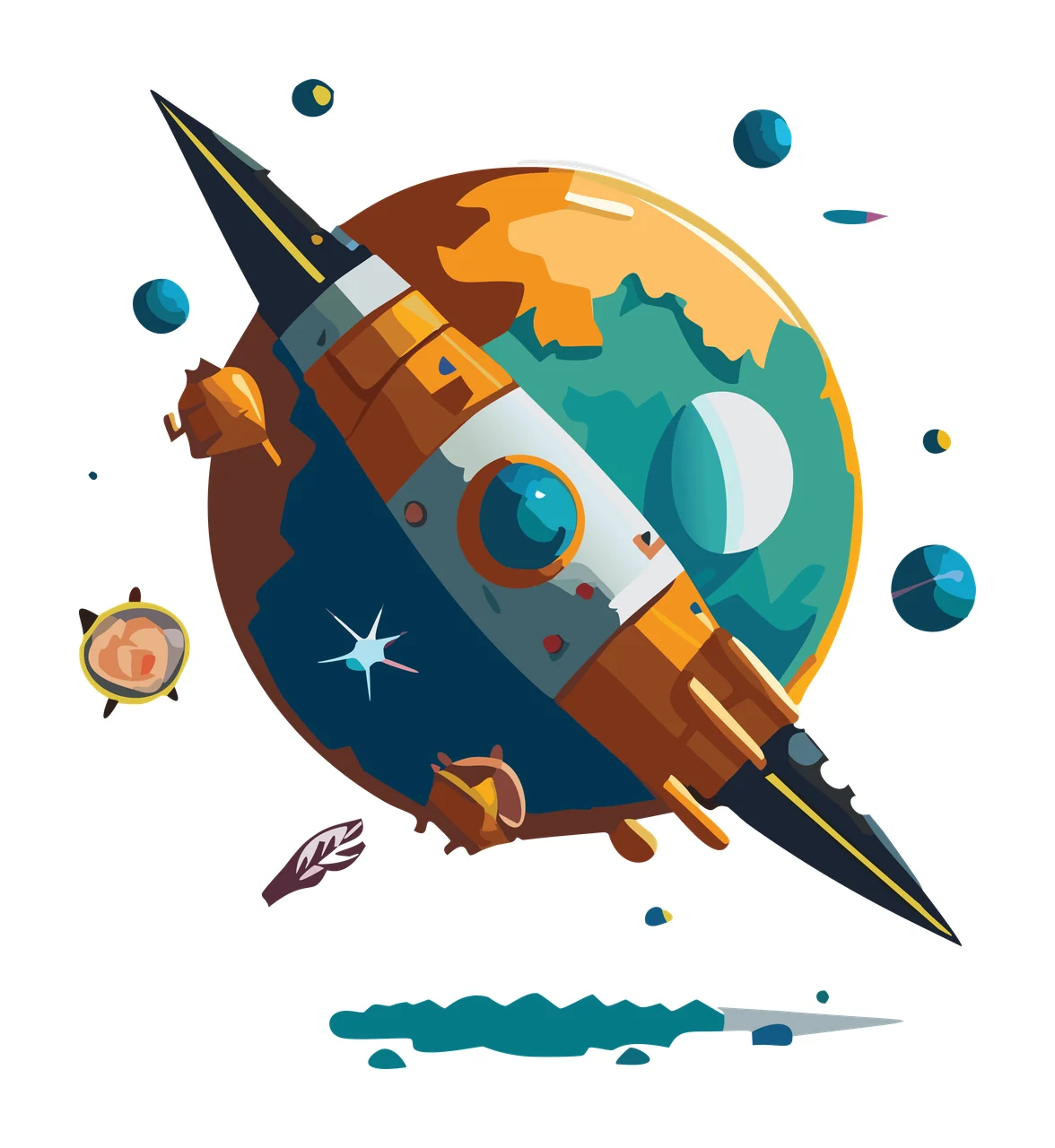 Space Rocket Ship Orbiting Round Planet Silhouette circles