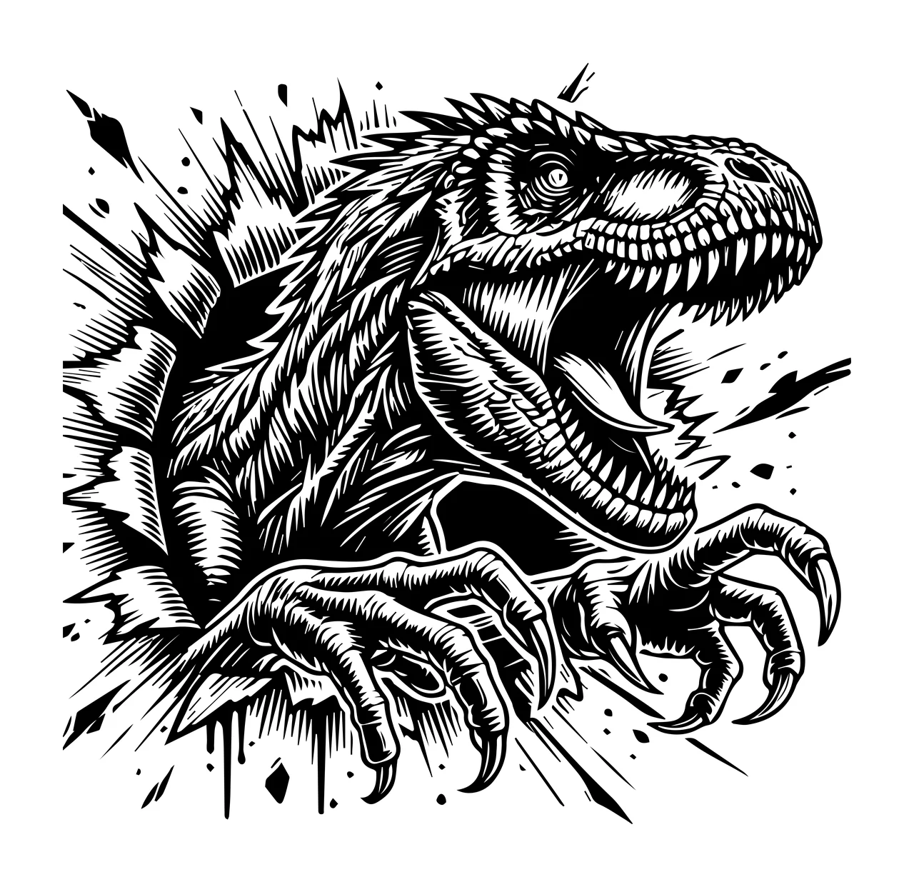 Dinosaur Head Tearing Through Paper teeth claws torn engraving