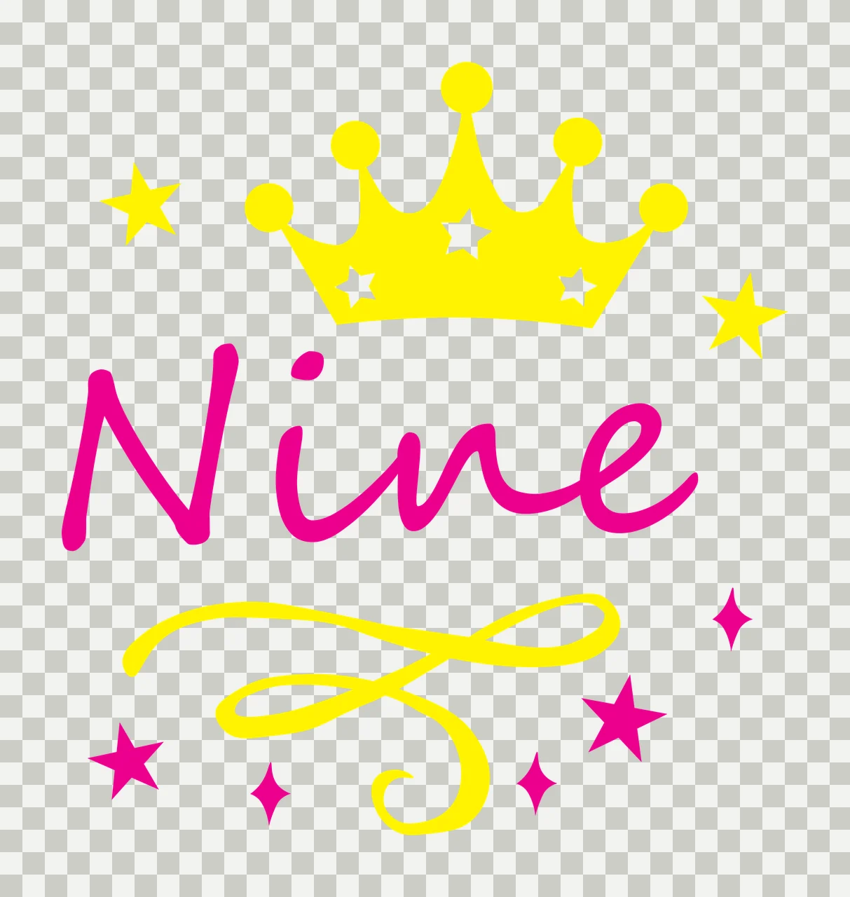 Nine Typography Design with yellow crown, white stars and pink stars transparency and detail preview thumbnail