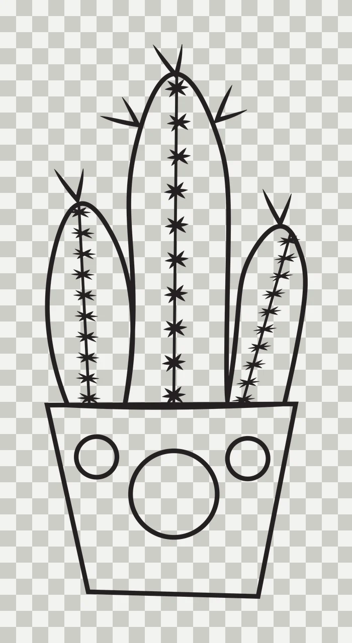 Line Art Illustration of Three-stemmed cactus in a smiling pot with three cactus stems with star-shaped spines, potted plant with facial features and two small circles and one large circle on pot transparency and detail preview thumbnail