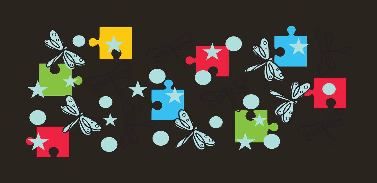 Pattern of colorful puzzle pieces, dragonflies, stars, and polka dots Illustration with yellow puzzle piece with white star, green puzzle piece with white star, red puzzle piece with white star contrast preview thumbnail