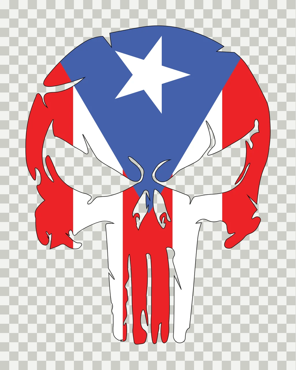 Skull Illustration with stylized skull, Puerto Rico flag pattern, blue chevron and white star in red transparency and detail preview thumbnail