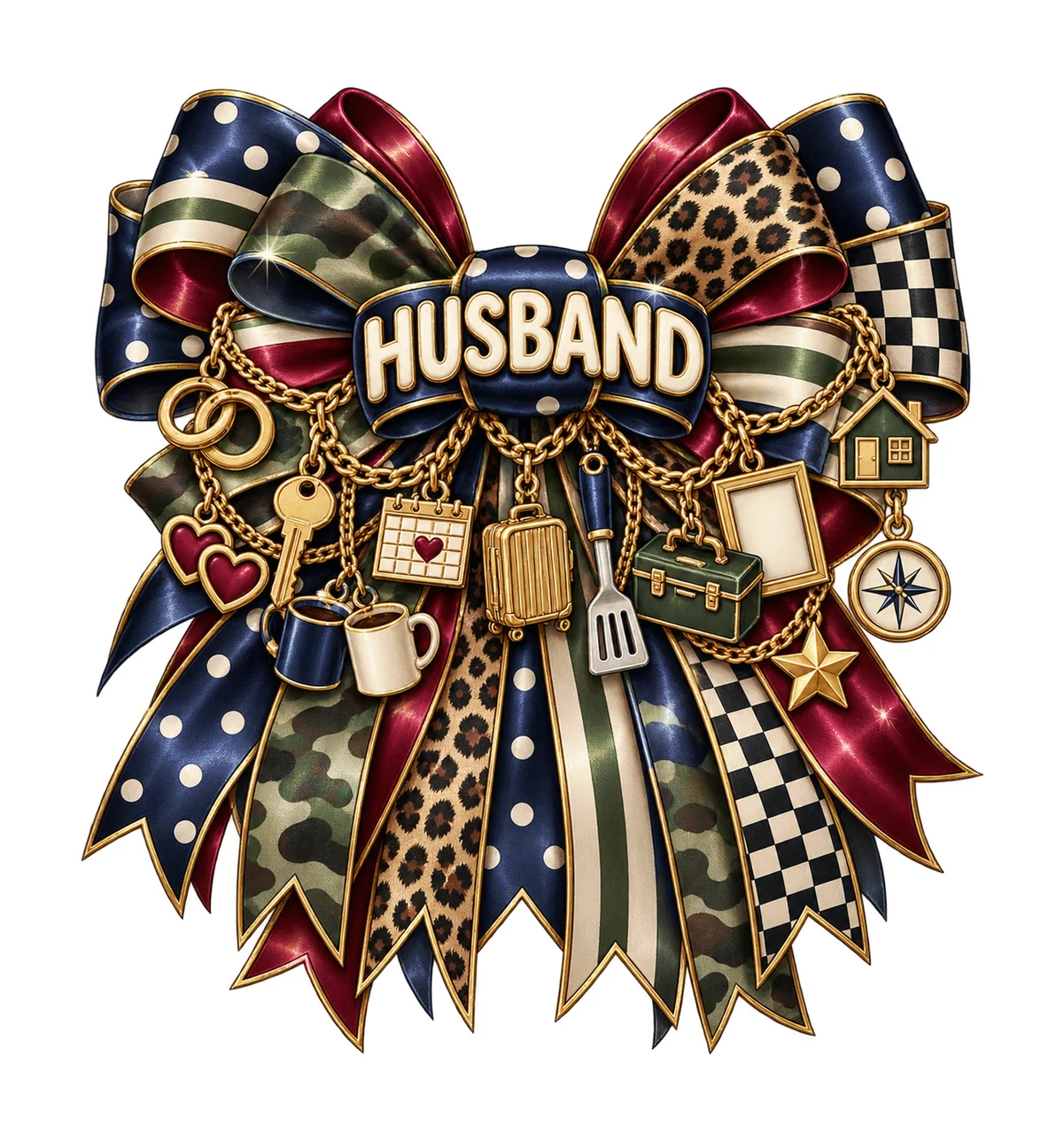 Husband Bow Charm PNG, Gold Chain Charms, Transparent Sublimation Design, Digital Download