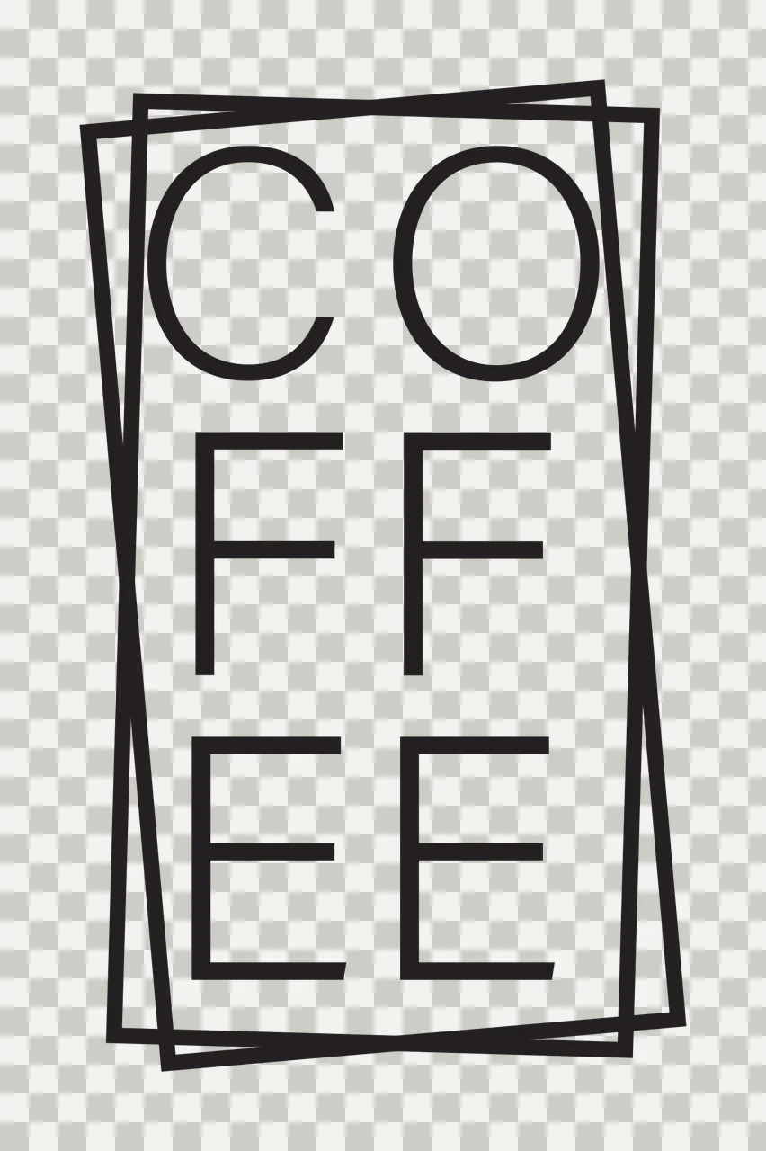 COFFEE coffee typography emblem with stacked letters, overlapping rectangular frames, sans serif font and thin black lines in white transparency and detail preview thumbnail