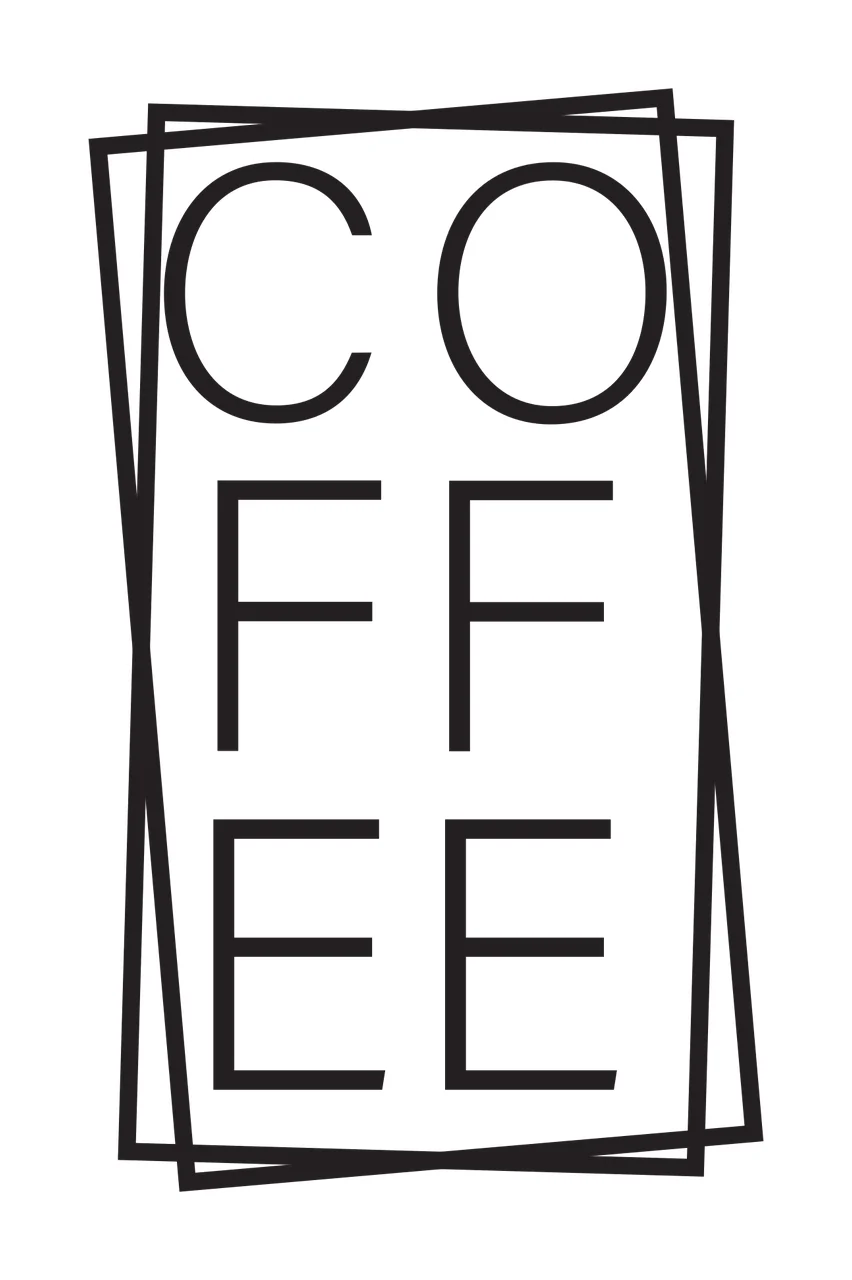 COFFEE coffee typography emblem with stacked letters, overlapping rectangular frames, sans serif font and thin black lines in white