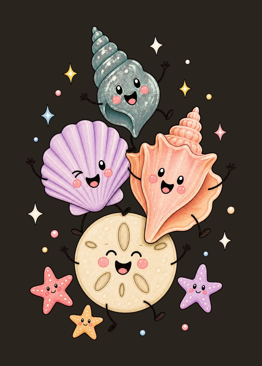 Happy Seashell Doodles Dancing Shell Characters Variation C contrast preview thumbnail