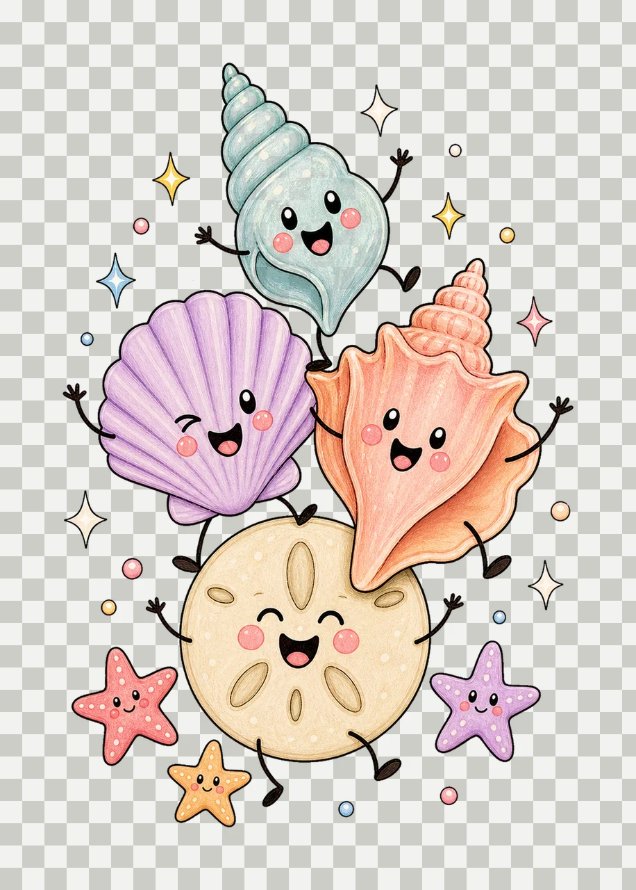 Happy Seashell Doodles Dancing Shell Characters Variation C transparency and detail preview thumbnail