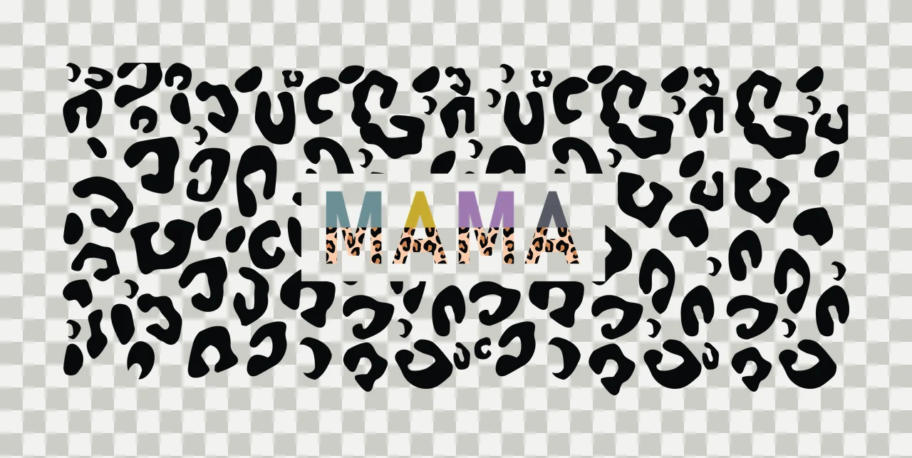 MAMA Typography Design with MAMA text, leopard spots pattern, white rectangle box and split color letters in black and teal transparency and detail preview thumbnail