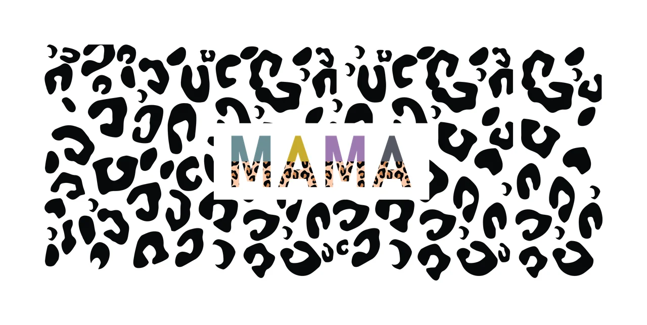MAMA Typography Design with MAMA text, leopard spots pattern, white rectangle box and split color letters in black and teal