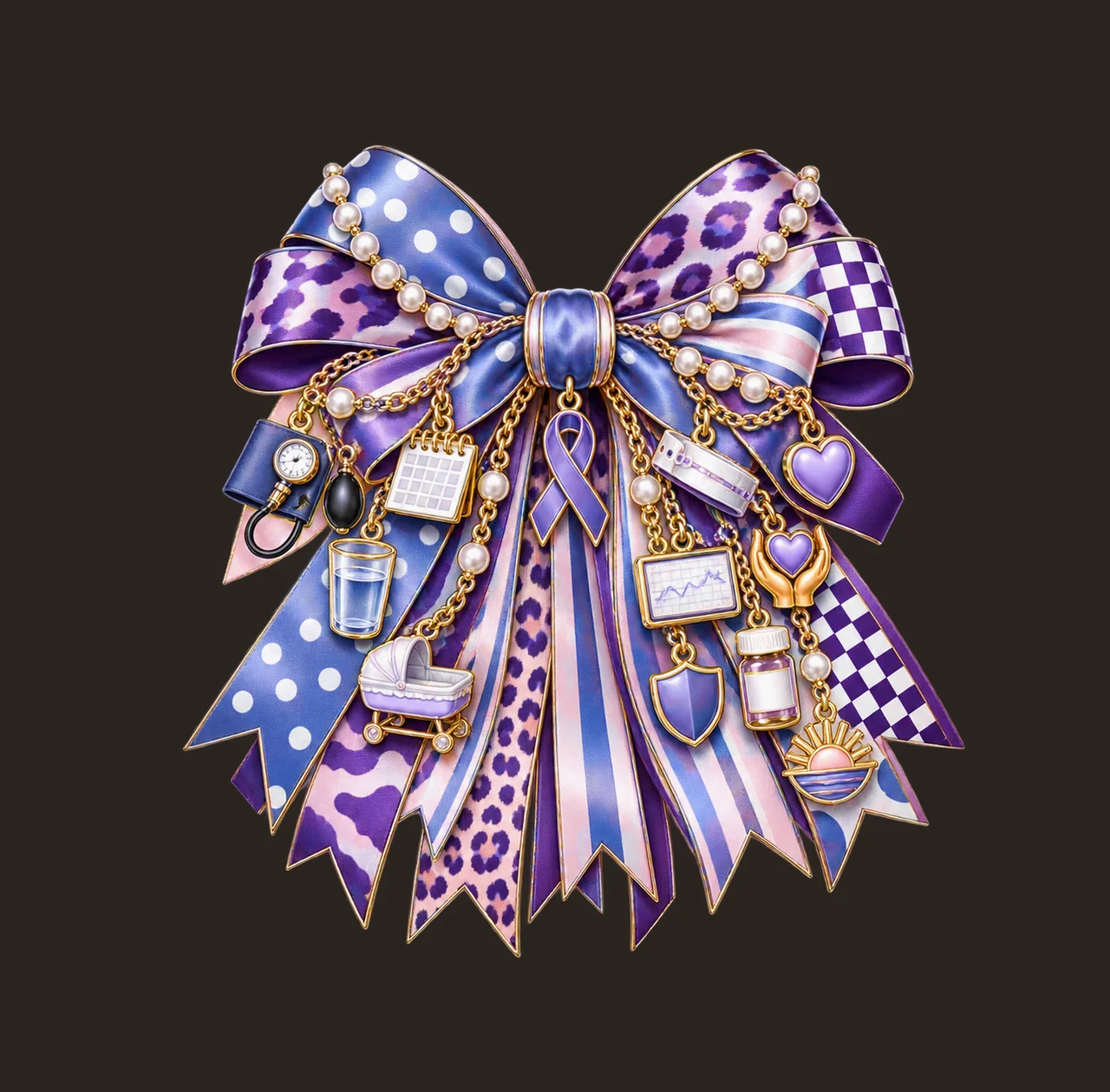 Preeclampsia Awareness Bow Charm PNG, Gold Chain Charms, Transparent Sublimation Design, Digital Download contrast preview thumbnail