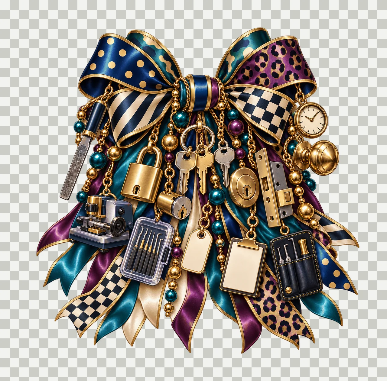 Locksmith Bow Charm PNG, Themed Gold Chain Charms, Coquette Ribbon Sublimation Design, Transparent Digital Download transparency and detail preview thumbnail