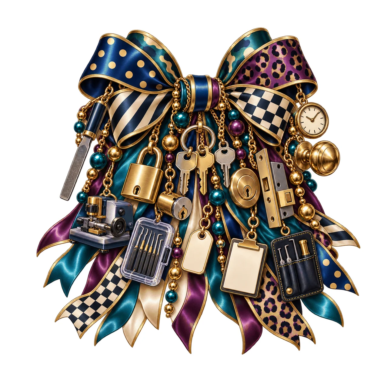 Locksmith Bow Charm PNG, Themed Gold Chain Charms, Coquette Ribbon Sublimation Design, Transparent Digital Download