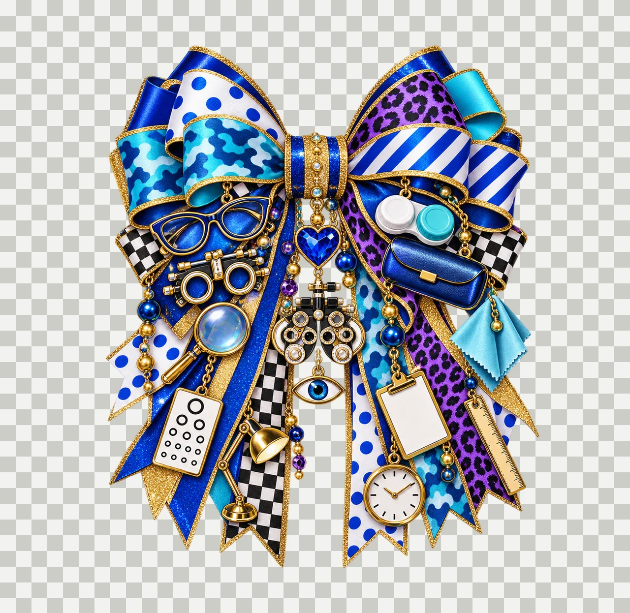Optician Bow Charm PNG, Themed Gold Chain Charms, Coquette Ribbon Sublimation Design, Transparent Digital Download transparency and detail preview thumbnail