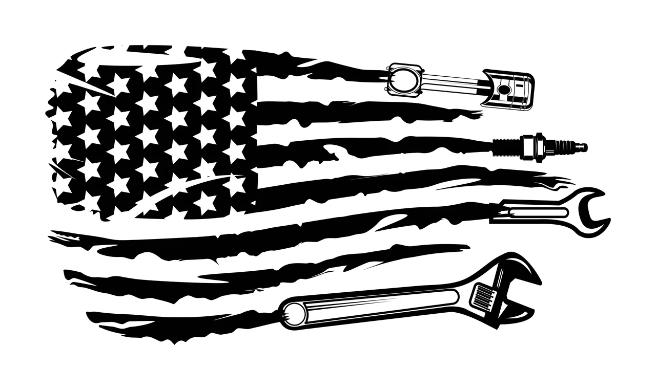 Flag Distressed American With Tools wrench spark plug piston
