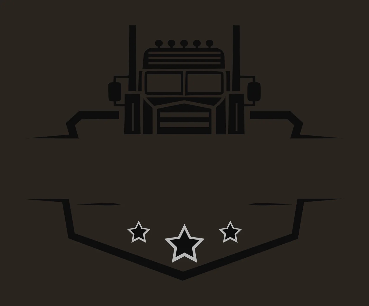 Semi truck Illustration with semi truck cab, front grille, exhaust stacks and split banner frame in black, white and grey contrast preview thumbnail