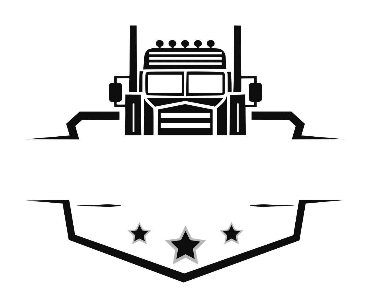 Semi truck Illustration with semi truck cab, front grille, exhaust stacks and split banner frame in black, white and grey