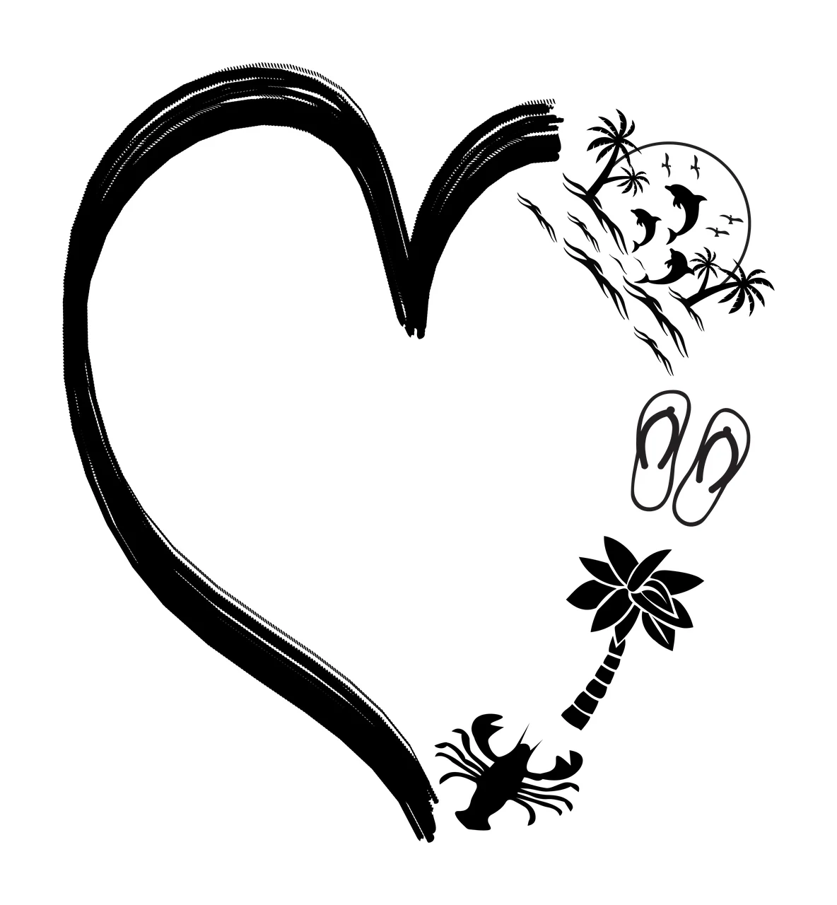 Silhouette Design of heart frame with tropical ocean elements with heart shape, brush stroke, palm trees and dolphins in black and white
