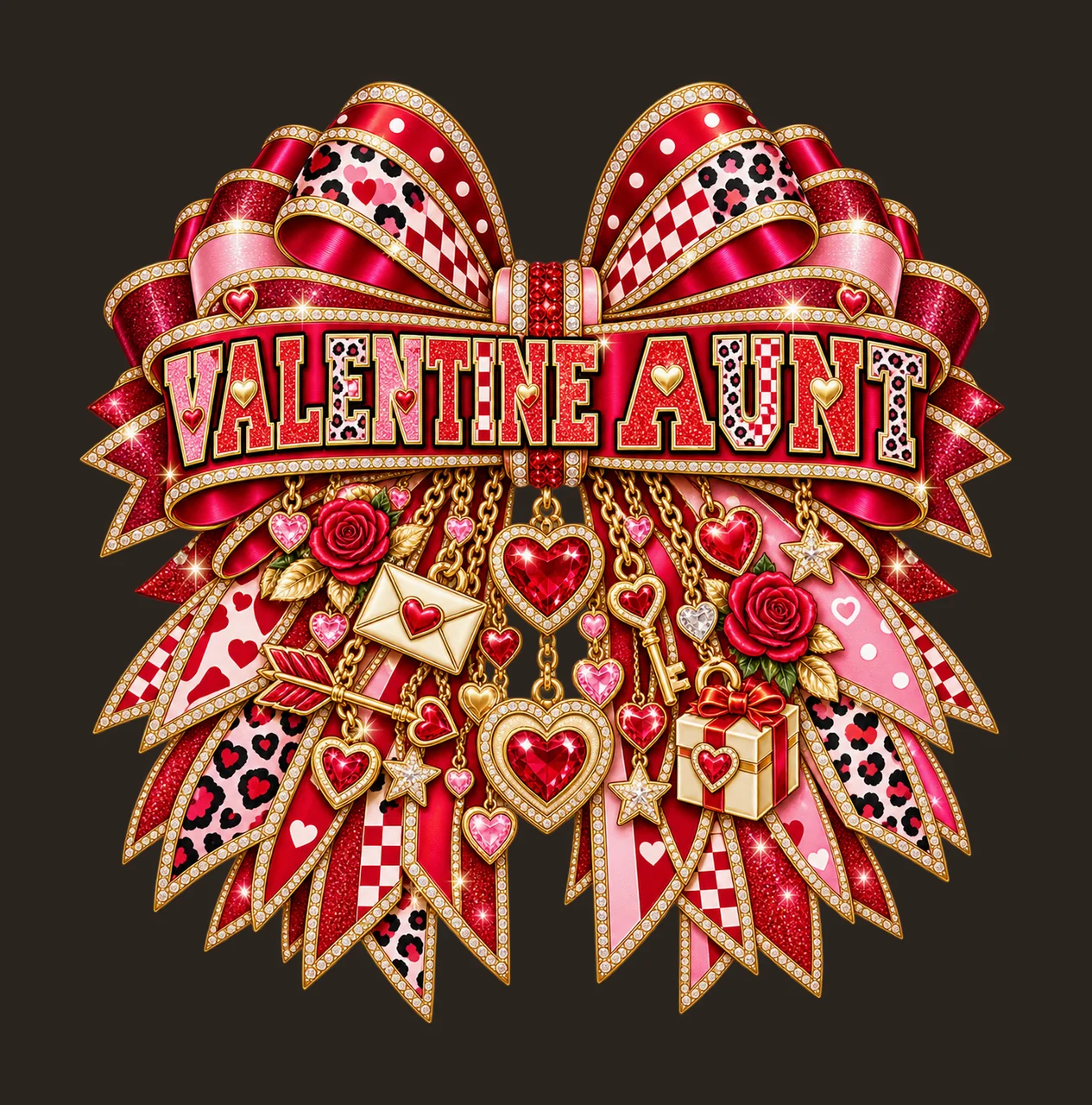Valentine Aunt Bow Charm PNG, Patterned Varsity Aunt Ribbon Clipart, Transparent Sublimation Digital Download contrast preview thumbnail
