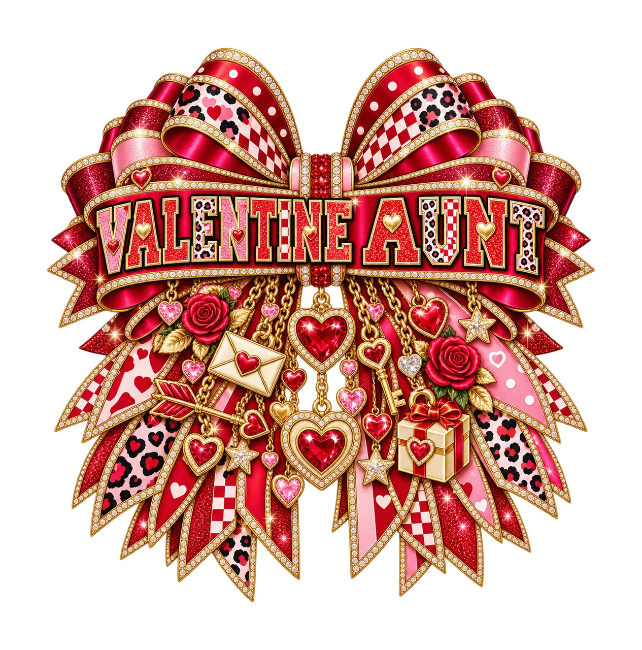 Valentine Aunt Bow Charm PNG, Patterned Varsity Aunt Ribbon Clipart, Transparent Sublimation Digital Download