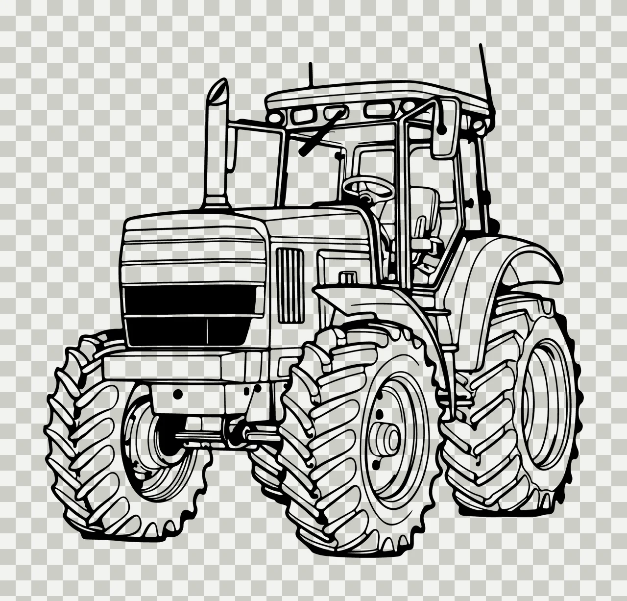 Tractor Vehicle In Outline Style Stationary wheels tread exhaust pipe transparency and detail preview thumbnail