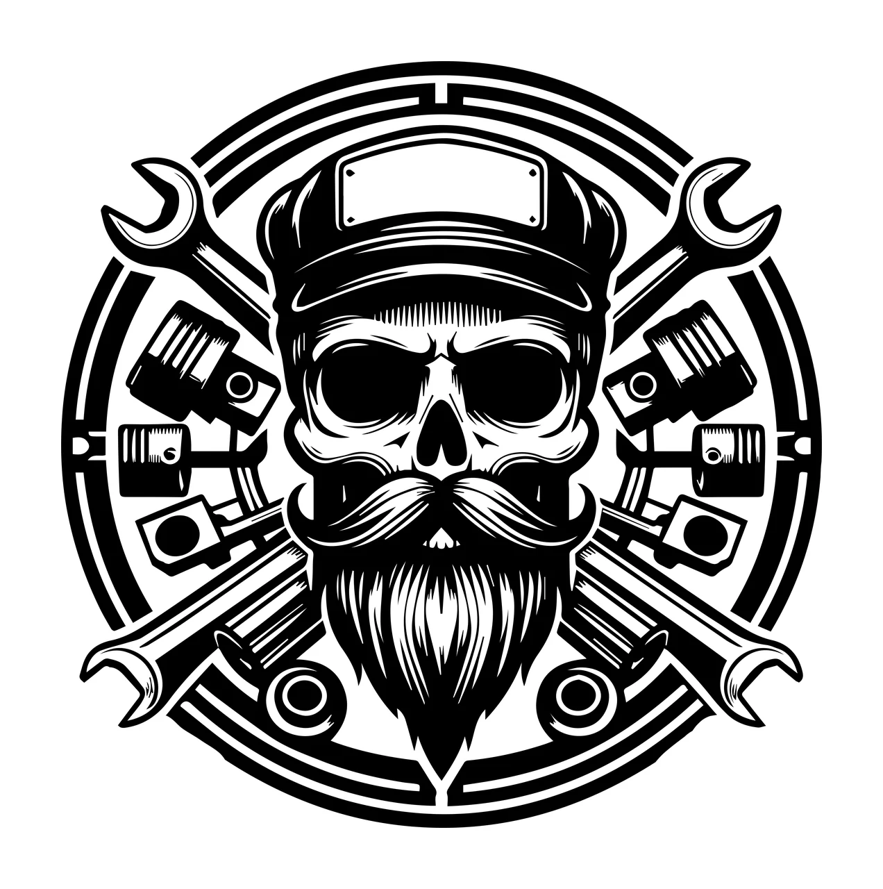 Mechanic Skull Head Emblem With Engine Parts beard wrench piston