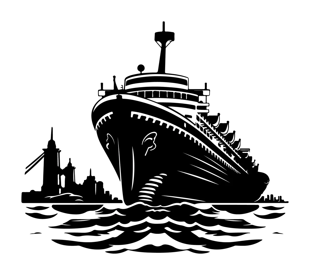 Cruise Ship Silhouette On Waves sailing lighthouse shore black