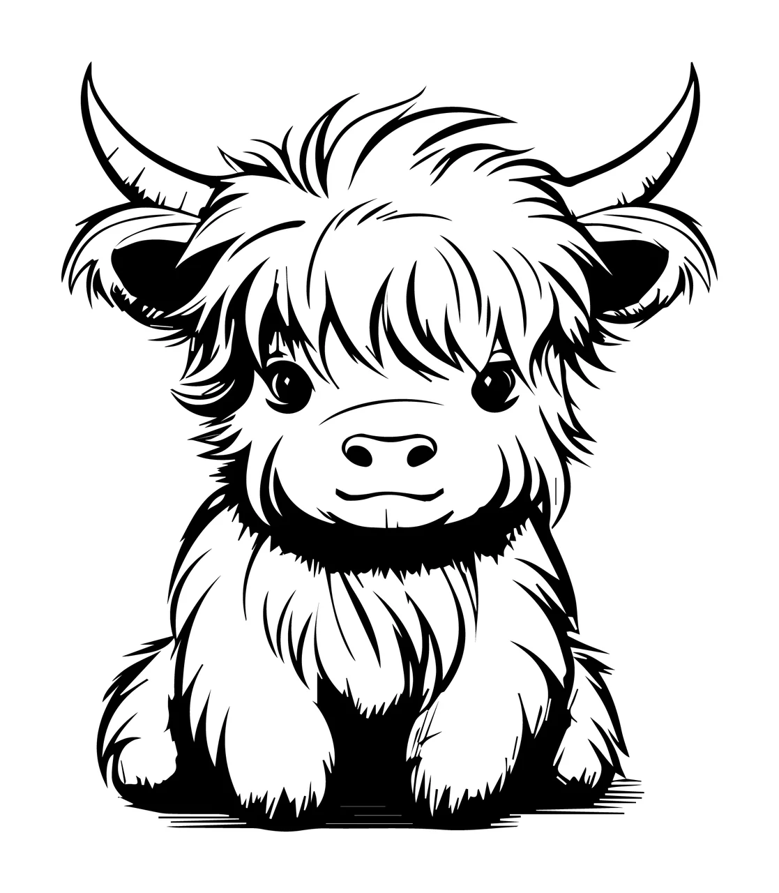 Highland Cow Small Calf Standing Front horns fur black and white