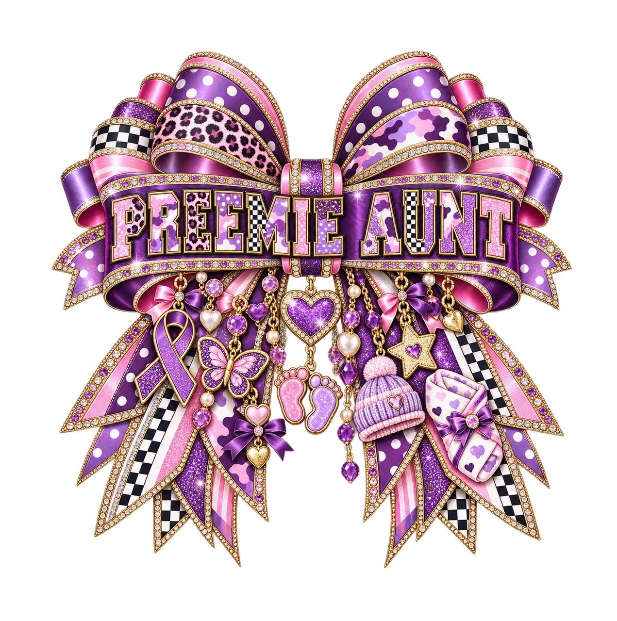 Preemie Aunt Bow Charm PNG, Patterned Varsity Aunt Ribbon Clipart, Transparent Sublimation Digital Download