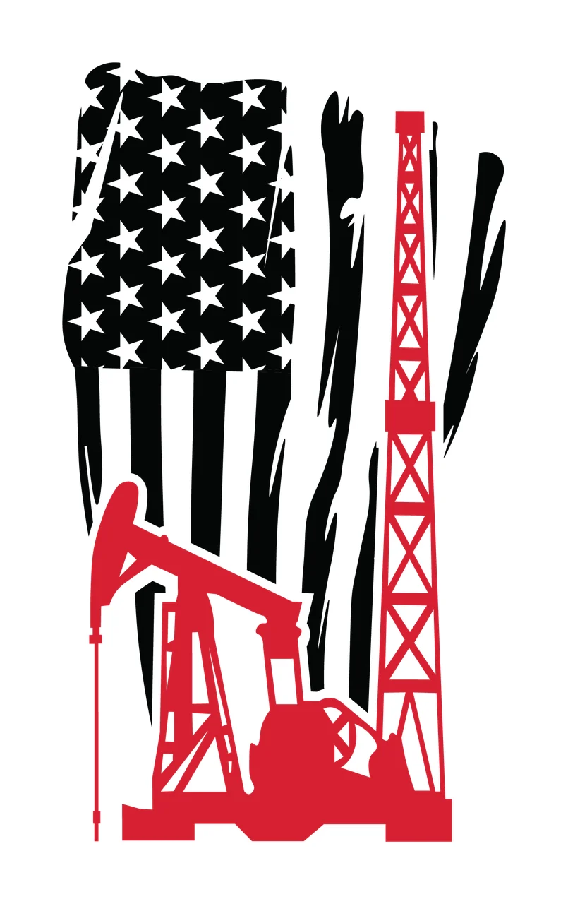 Flag American With Oil Well Rig standing stars stripes pump