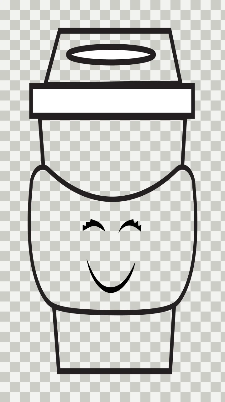 Cartoon Illustration of Smiling coffee cup with lid and sleeve with smile and closed eyes in black and white transparency and detail preview thumbnail