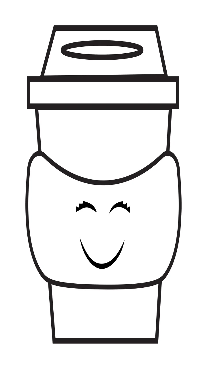 Cartoon Illustration of Smiling coffee cup with lid and sleeve with smile and closed eyes in black and white