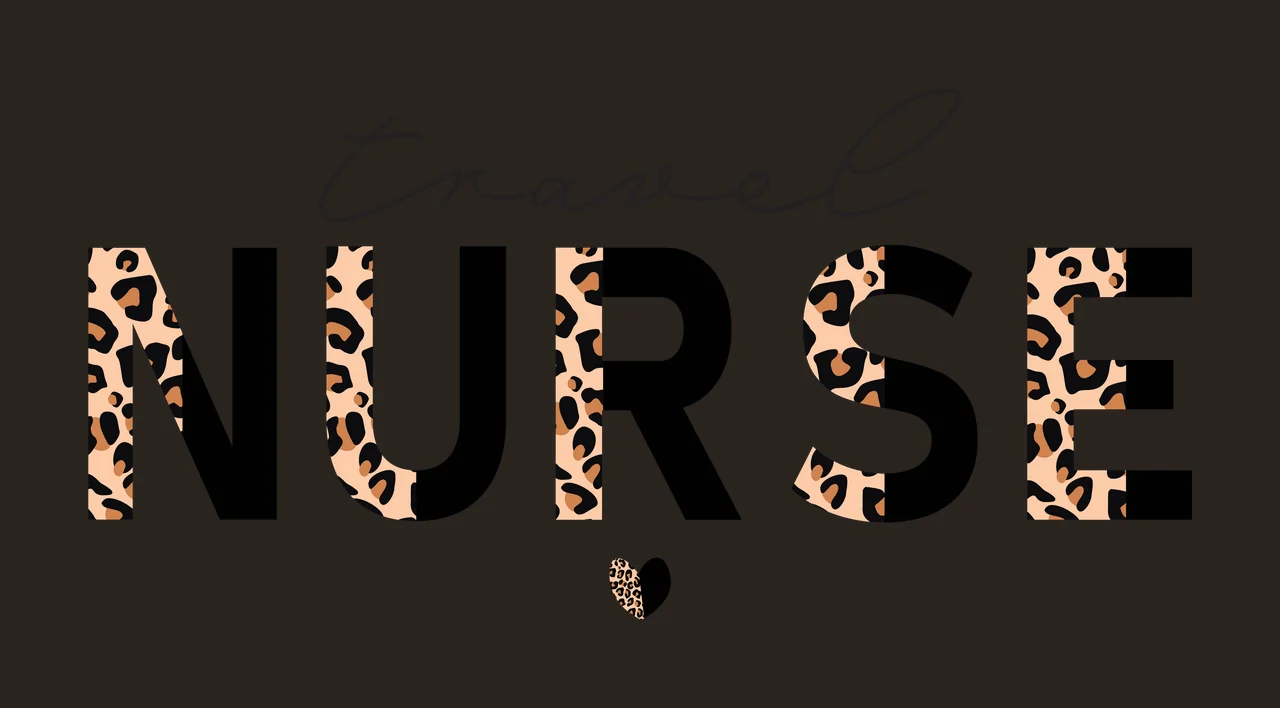 Travel NURSE Typography Design with leopard print letters, cursive 'travel', bold 'NURSE' and small leopard heart in black, tan and brown contrast preview thumbnail