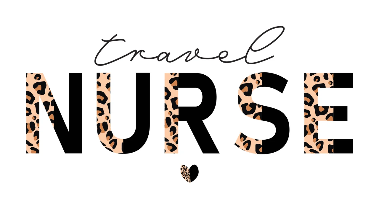 Travel NURSE Typography Design with leopard print letters, cursive 'travel', bold 'NURSE' and small leopard heart in black, tan and brown