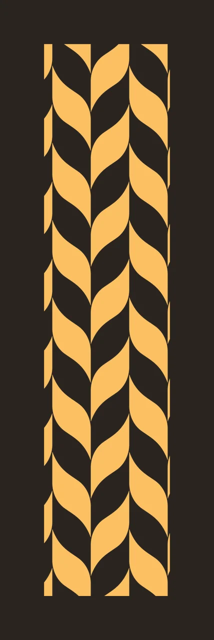 Vertical leaf herringbone border pattern Illustration with curved leaf shapes, herringbone braid, vertical strip and geometric chevron in yellow, orange and white contrast preview thumbnail