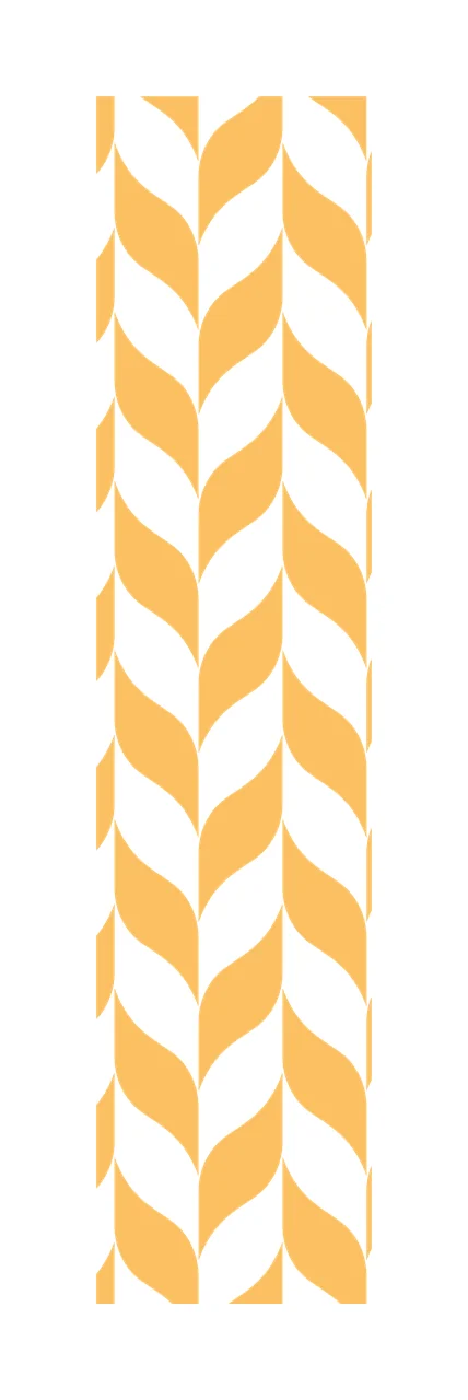 Vertical leaf herringbone border pattern Illustration with curved leaf shapes, herringbone braid, vertical strip and geometric chevron in yellow, orange and white