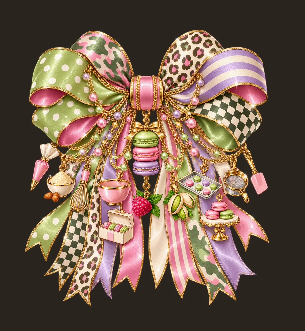 Macaron Lover Bow Charm PNG, Themed Gold Chain Charms, Coquette Ribbon Sublimation Design, Transparent Digital Download contrast preview thumbnail