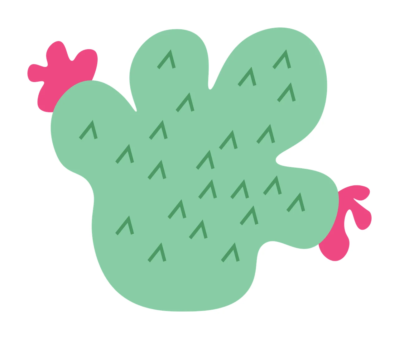 Stylized green cactus with pink rooster comb and wattle Illustration with green cactus body and green arrow-shaped spines