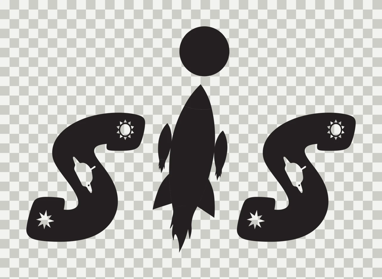 SIS Typography Design with rocket, sun, stars and planet in black and white transparency and detail preview thumbnail