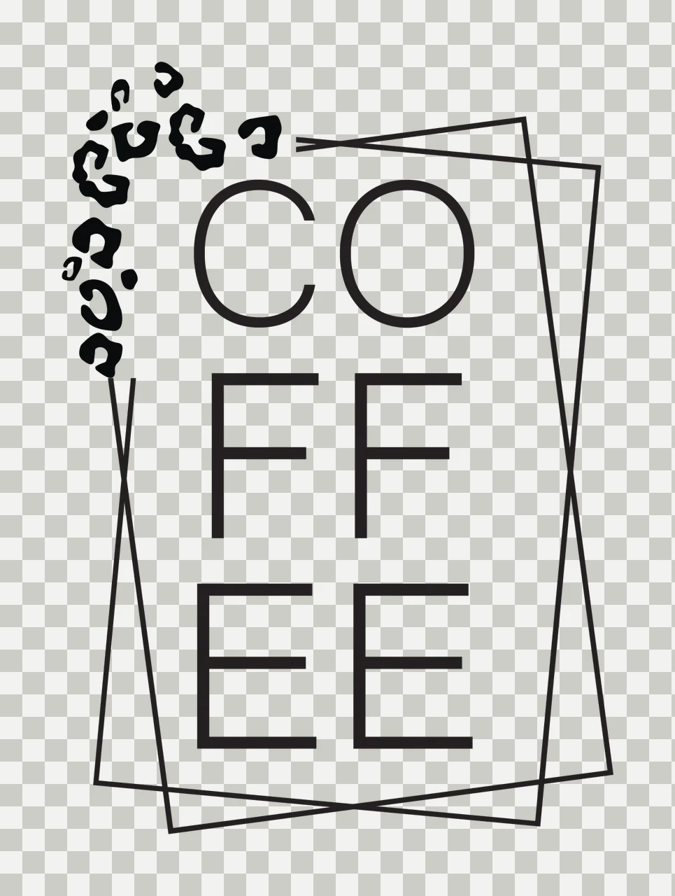 CO FF EE COFFEE typography with COFFEE text, leopard print, geometric frames and overlapping rectangles in black and white transparency and detail preview thumbnail