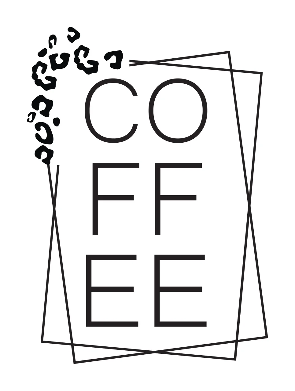 CO FF EE COFFEE typography with COFFEE text, leopard print, geometric frames and overlapping rectangles in black and white