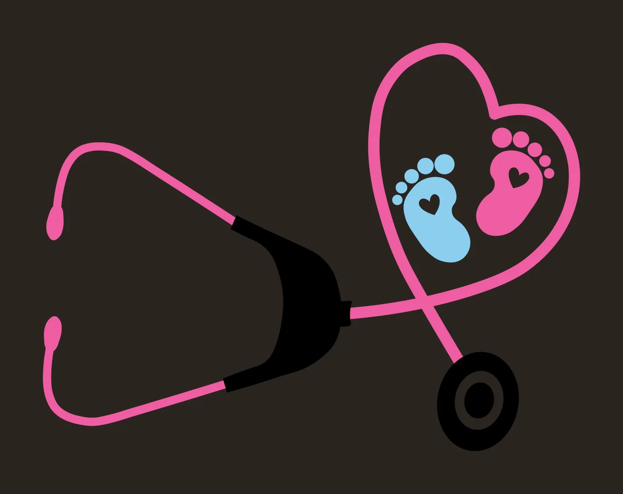 Stethoscope with heart-shaped earpiece and baby footprints Illustration with pink stethoscope, black chest piece, black diaphragm and blue baby footprint with white heart contrast preview thumbnail