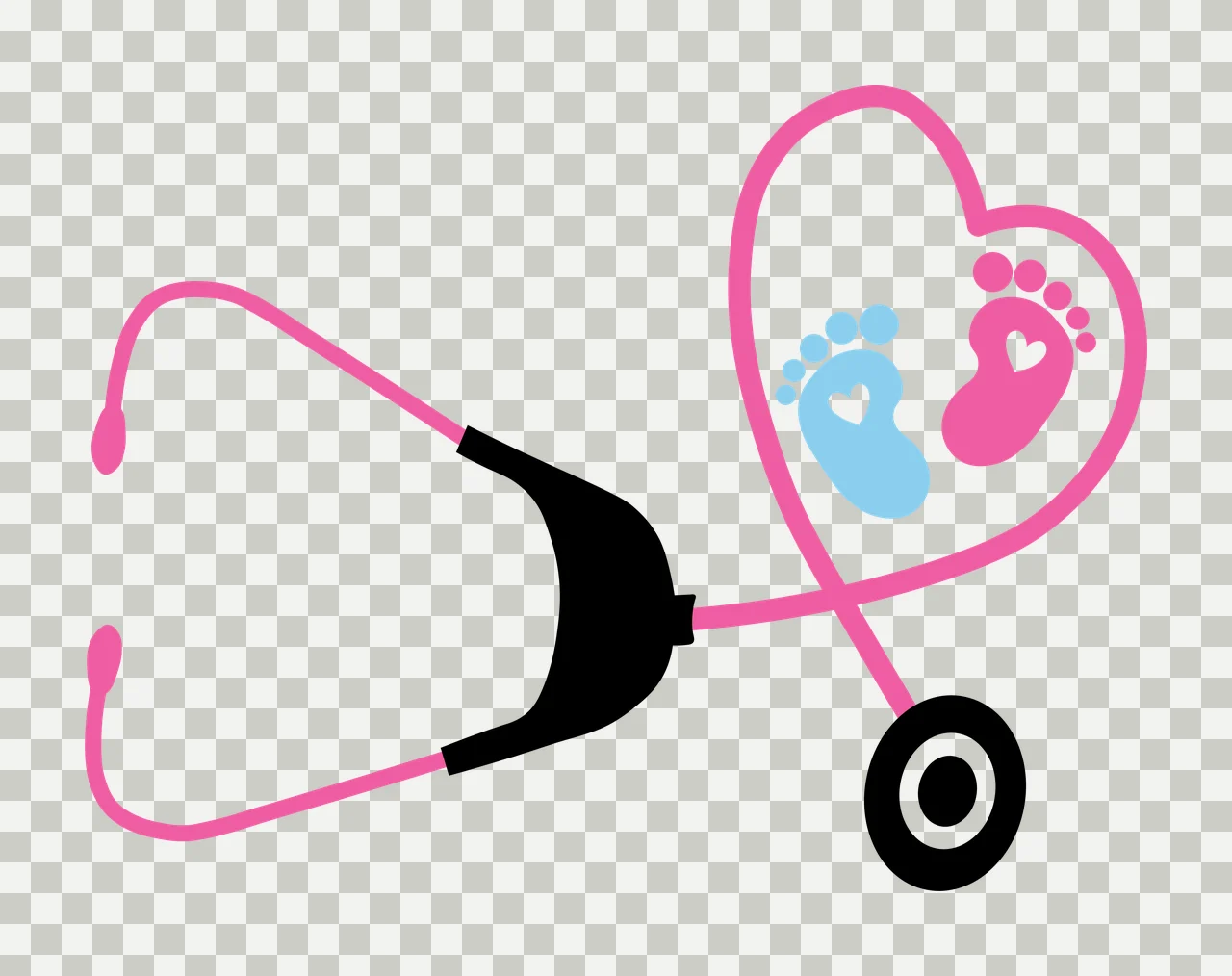 Stethoscope with heart-shaped earpiece and baby footprints Illustration with pink stethoscope, black chest piece, black diaphragm and blue baby footprint with white heart transparency and detail preview thumbnail