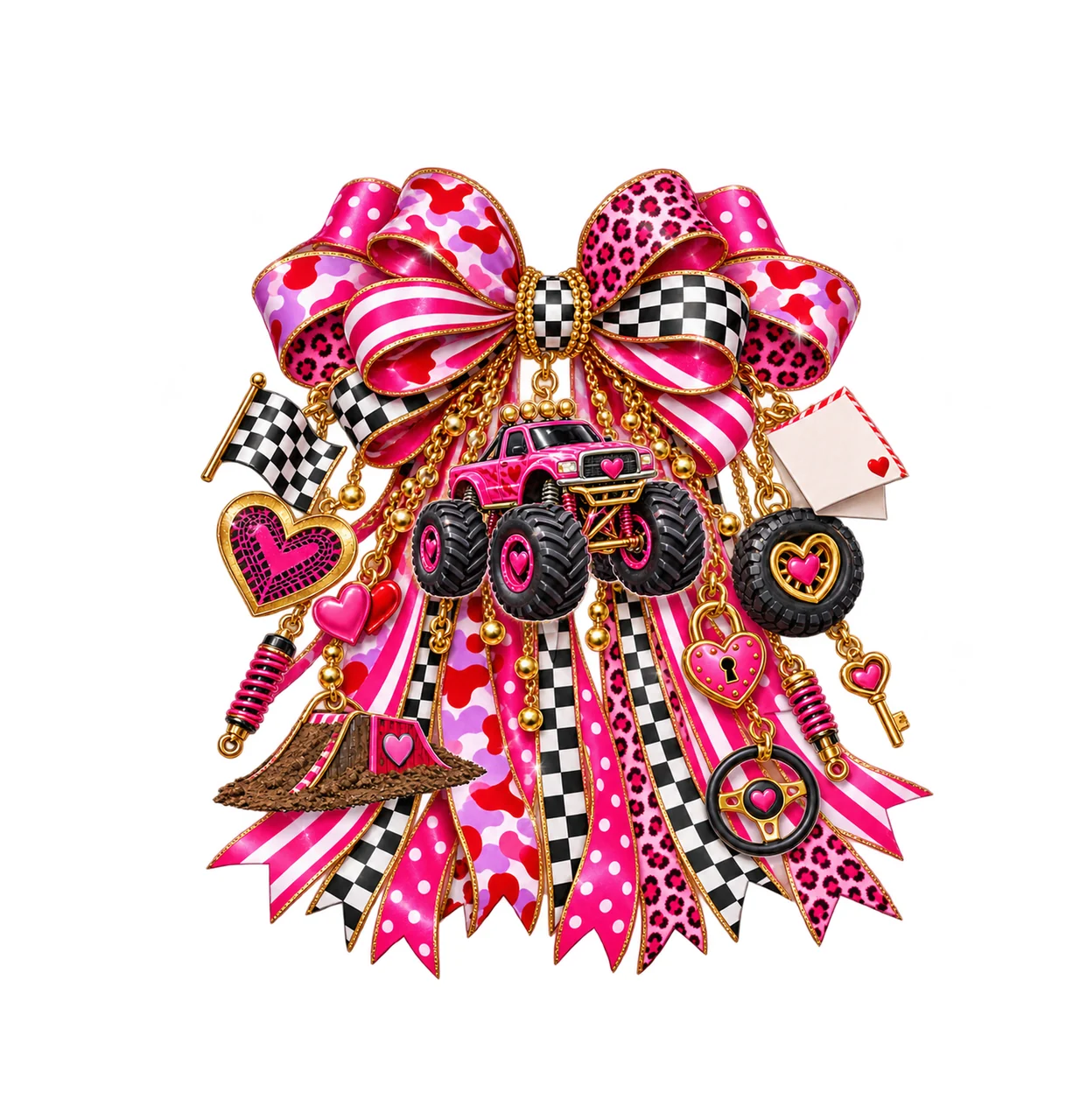 Monster Truck Valentine Bow Charm PNG, Gold Chain Charms, Transparent Sublimation Design, Digital Download