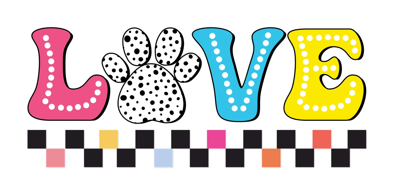 Love Black Text Reading With Paw Print displaying checkered pattern