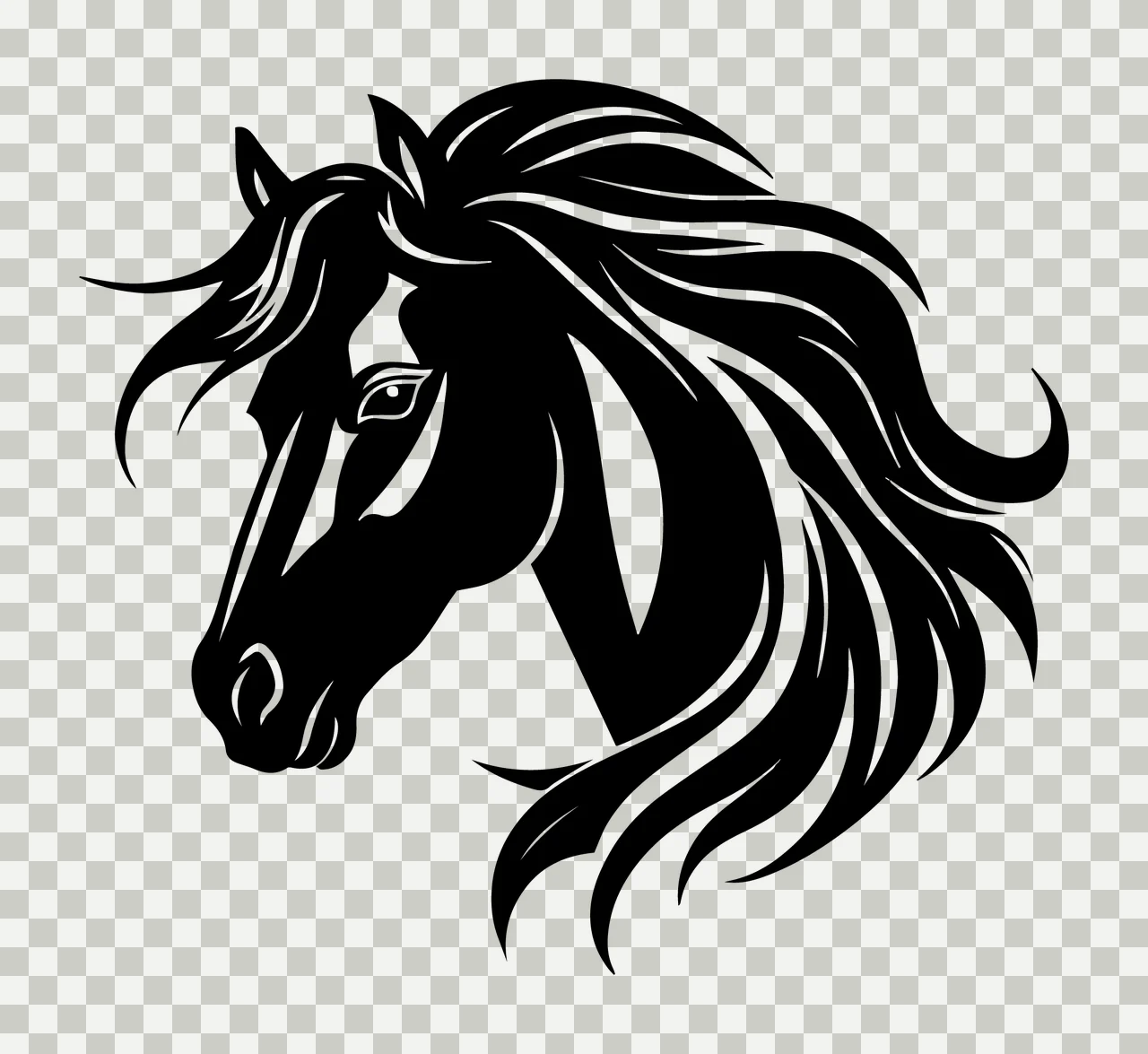 Horse Head Black Silhouette Profile mane equine animal majestic transparency and detail preview thumbnail