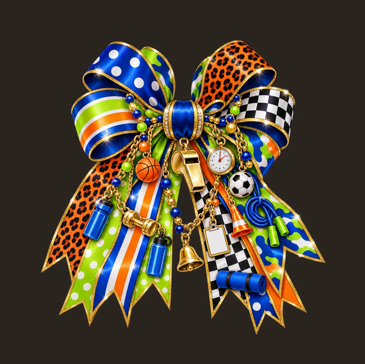 Physical Education Teacher Bow Charm PNG, Themed Gold Chain Charms, Coquette Ribbon Sublimation Design, Transparent Digital Download contrast preview thumbnail