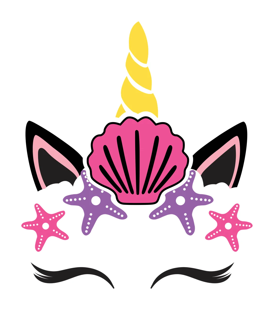 Unicorn head with sea elements Illustration with yellow spiral horn, pink seashell, black unicorn ears with pink inner lining and four starfish two pink two purple