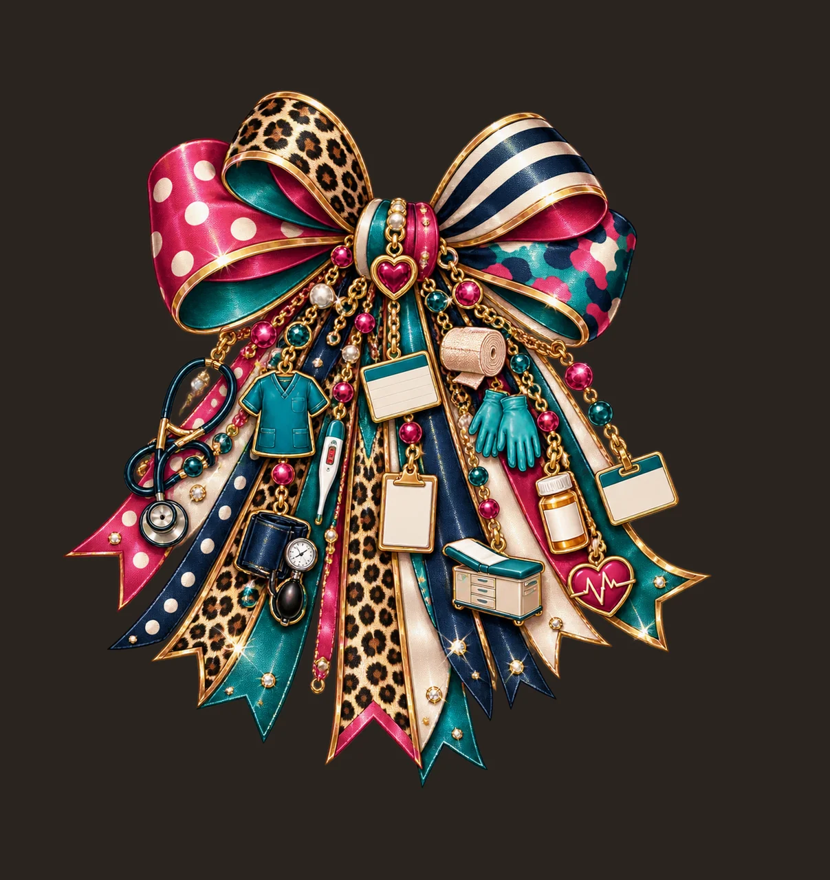 Medical Assistant Bow Charm PNG, Themed Gold Chain Charms, Coquette Ribbon Sublimation Design, Transparent Digital Download contrast preview thumbnail